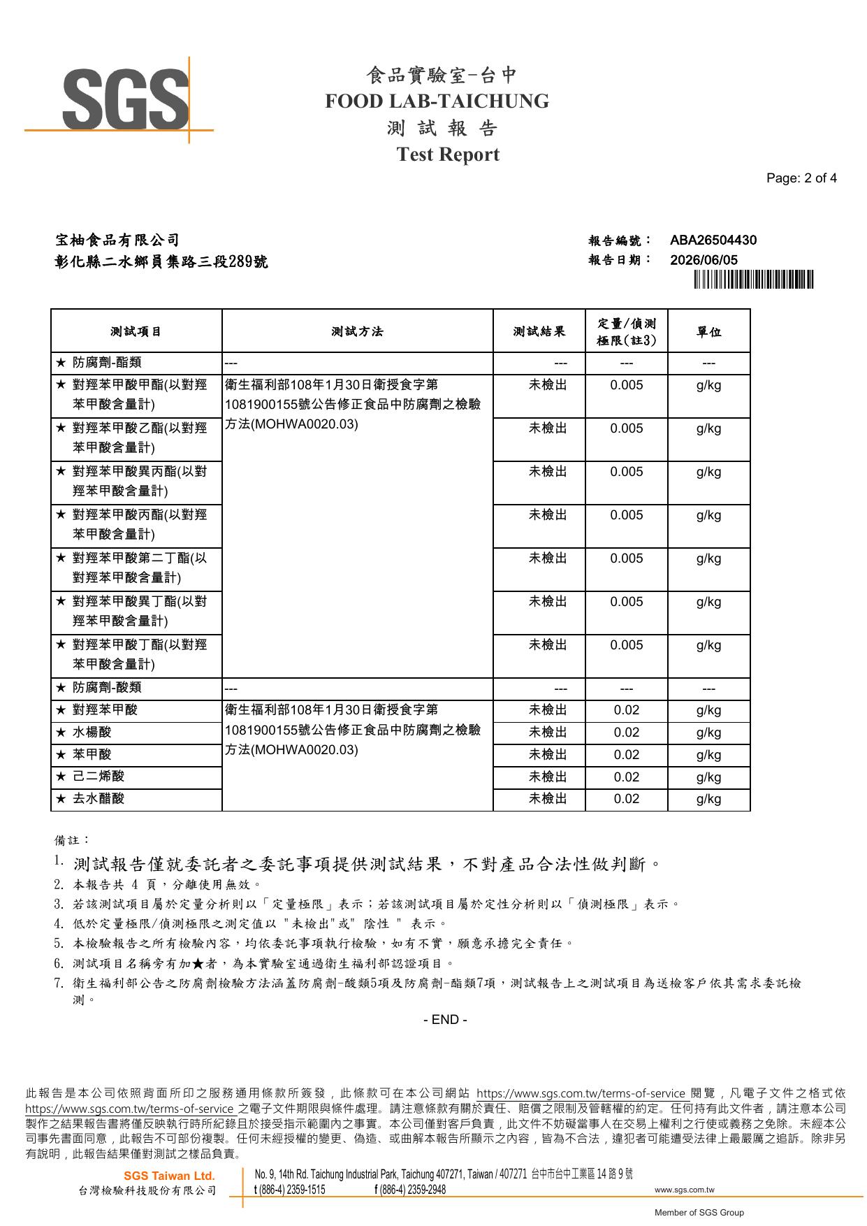 宝柚食品柚皮乾 SGS 防腐劑檢驗結果，酯類七項與酸類五項共十二項防腐劑均未檢出，報告編號 ABA26504430，2026 年 6 月，SGS 台灣檢驗科技